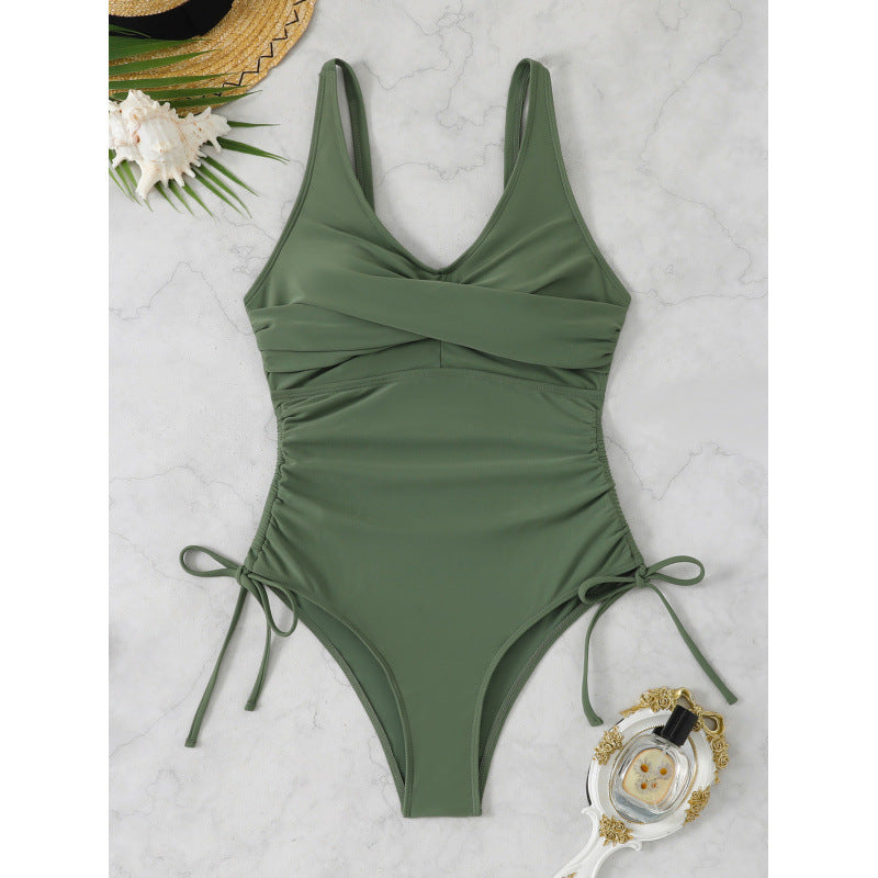 Damen Einteiler Badeanzug mit elegantem Wickeldesign und verstellbaren Schnürdetails EB