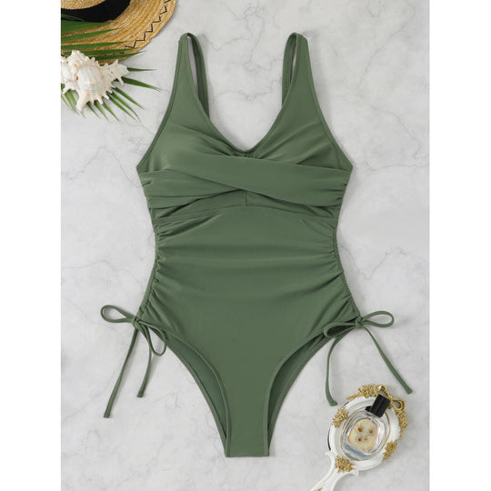 Damen Einteiler Badeanzug mit elegantem Wickeldesign und verstellbaren Schnürdetails EB