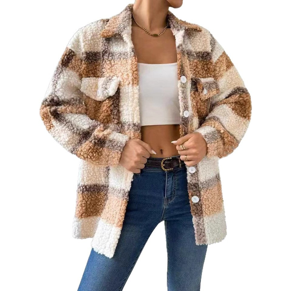 Damen Plüsch Overshirt mit Karomuster EB