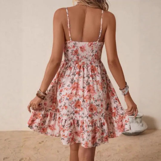 Damen florales Sommerkleid mit gerafftem Oberteil und schwingendem Saum EB