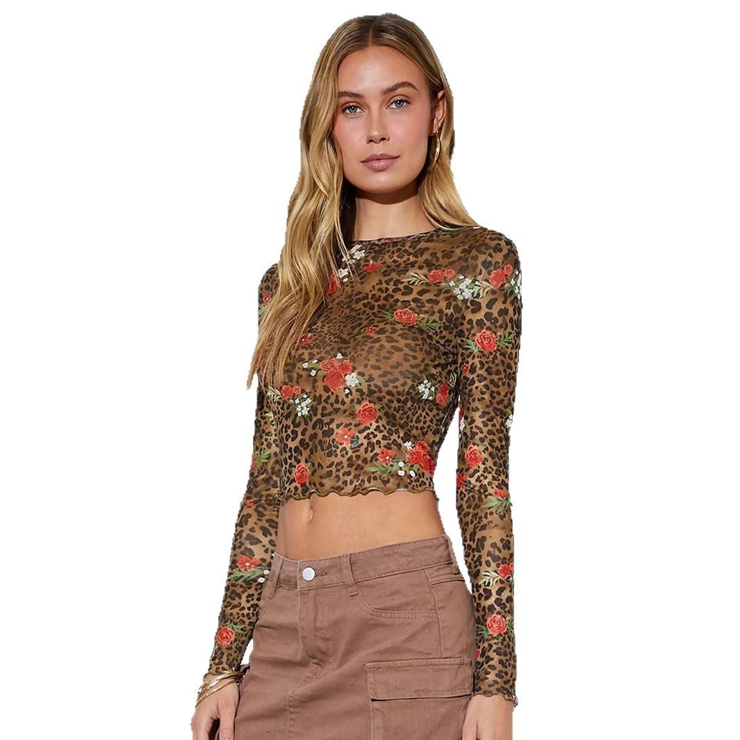 Damen nan feines Mesh-Crop-Top mit Leoparden- und Rosenprint EB