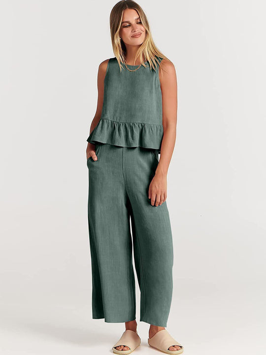 Damen Set mit lässigem Rüschendesign und weiten Hosen EB