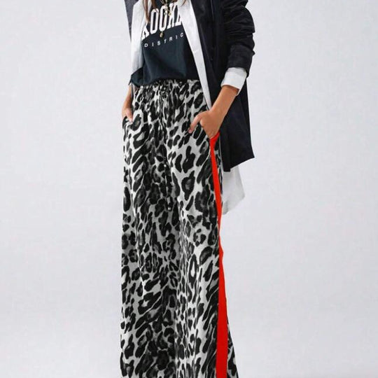 Damen weite Leinenhose mit modischem Leopardenmuster und kontrastierendem Streifen EB