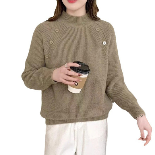 Damen Grobstrickpullover mit modernem Stehkragen und Knopfdetails EB