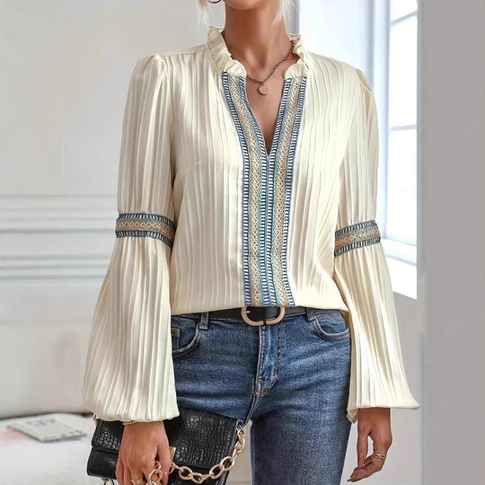 Damen elegante Bluse mit Rüschendetails und Stickereien EB