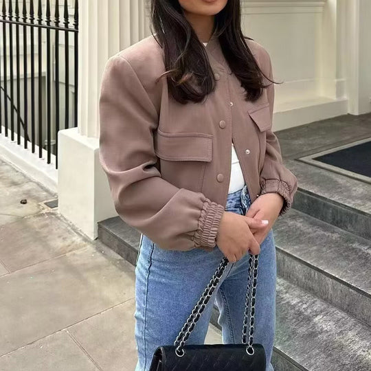 Damen elegante Sweatjacke mit praktischen Taschen und modernem Stehkragen EB