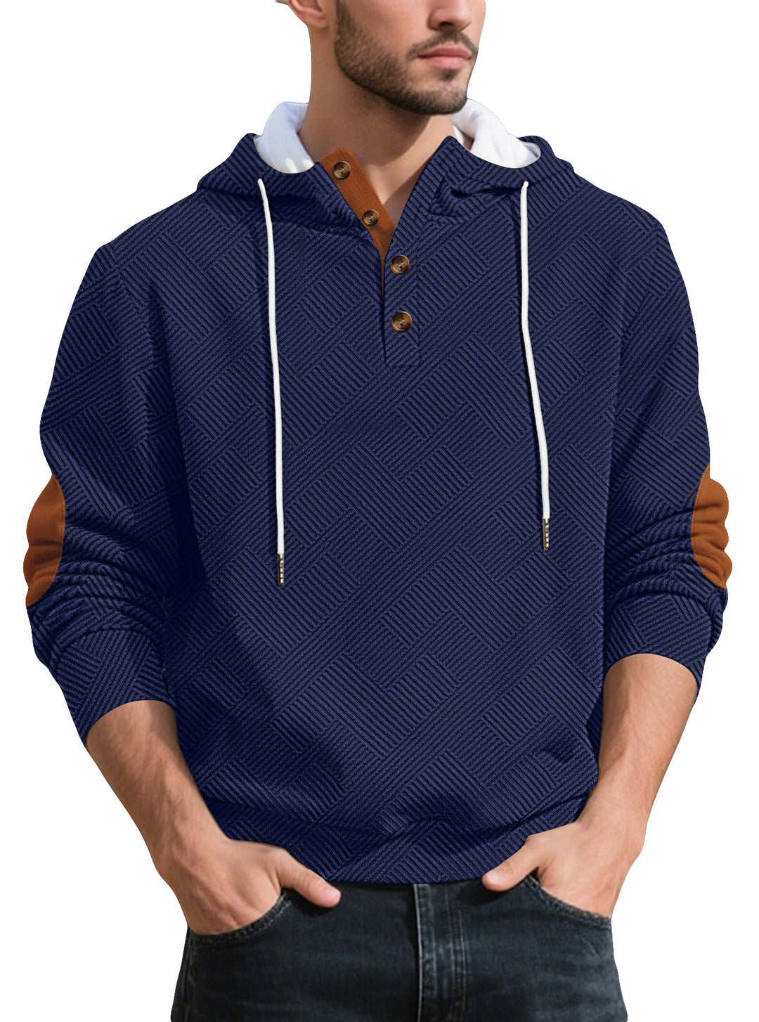 Herren nan strukturierter Kapuzen-Henley-Pullover mit Jacquardstruktur, Knopfleiste und Ellenbogenpatches EB