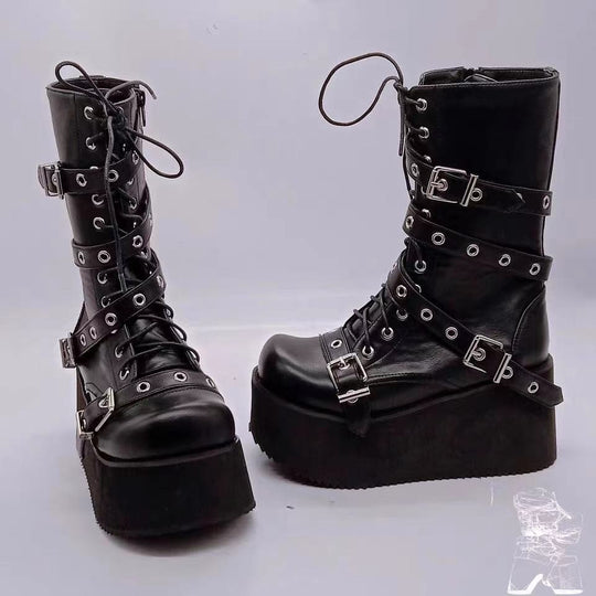 Damen plateau Combatstiefel mit Schnallen Ösen Schnürung und seitlichem Reißverschluss EB