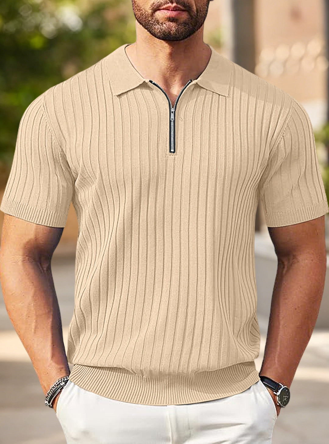 Herren nan elegantes strukturiertes Kurzarm-Strickpolo mit kurzem Metallreißverschluss und Hemdkragen EB