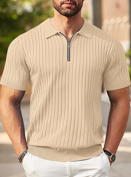 Herren nan elegantes strukturiertes Kurzarm-Strickpolo mit kurzem Metallreißverschluss und Hemdkragen EB