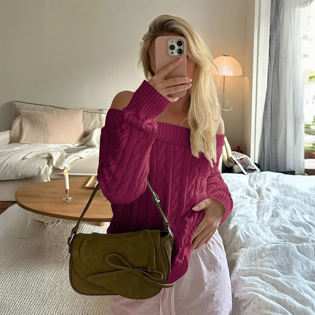 Damen nan oversized schulterfreier Zopfstrickpullover mit geripptem Ausschnitt und Ballonärmeln EB