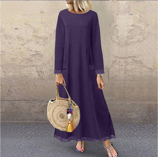 Damen nan Maxikleid mit lockerem A‑Linien Schnitt, Rundhalsausschnitt, aufgesetzten Eingrifftaschen und zierlichem Spitzenbesatz EB