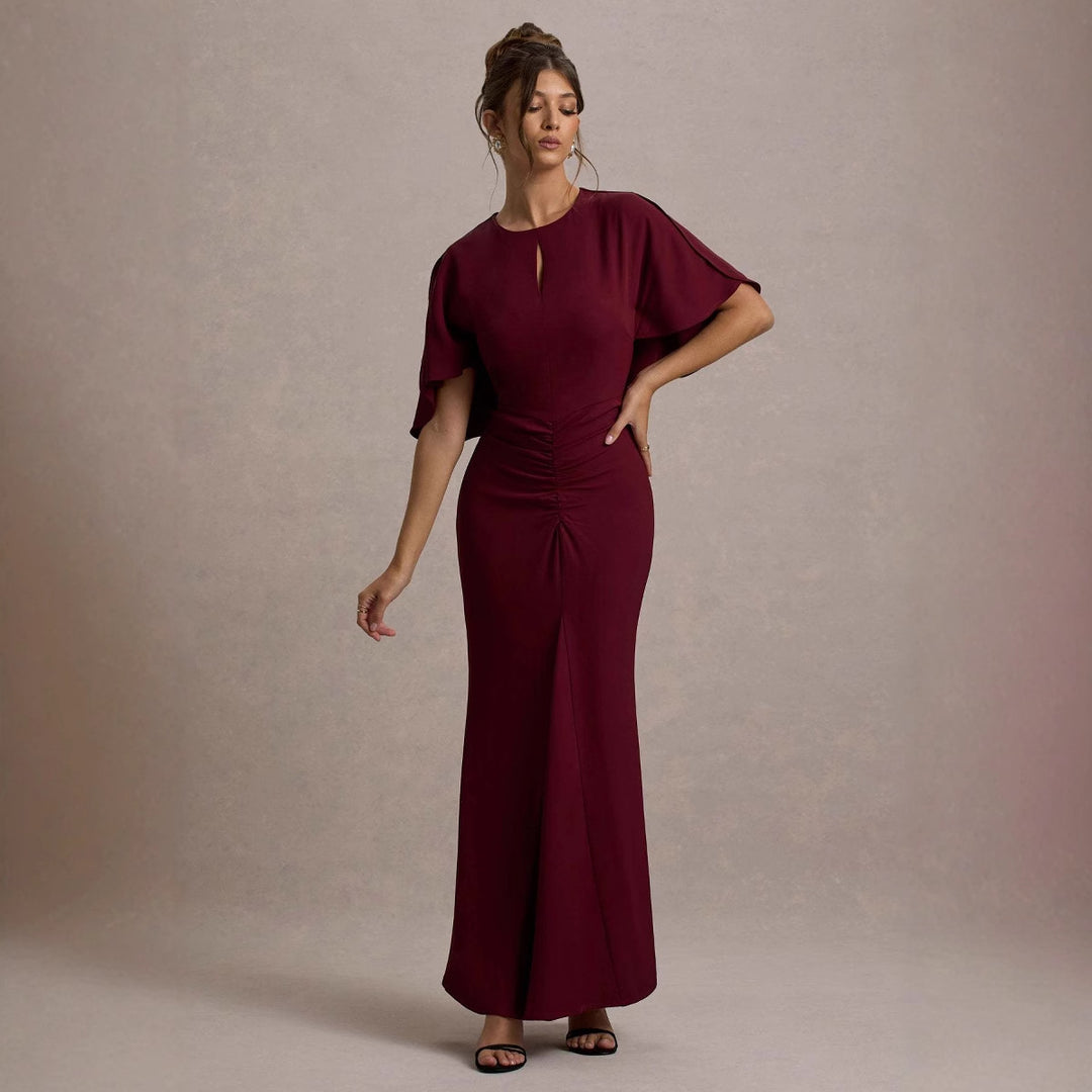 Damen Maxikleid mit eleganten Volantärmeln und taillierter Raffung EB