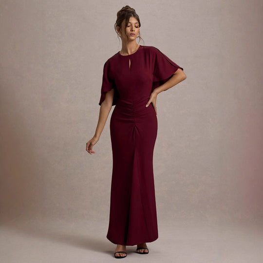 Damen Maxikleid mit eleganten Volantärmeln und taillierter Raffung EB