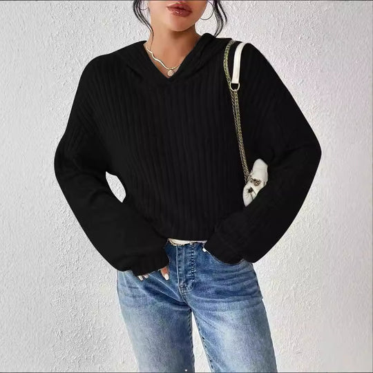 Damen lässiger Kapuzenpullover mit strukturiertem Rippdesign und weiten Ärmeln EB