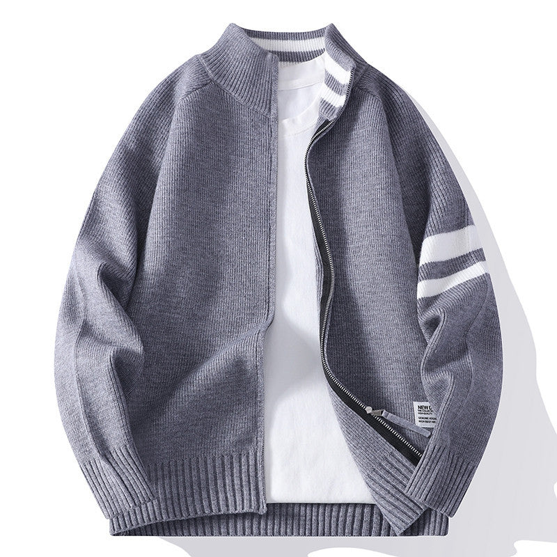Herren nan gestrickte Zip-Cardigan im College-Stil mit gestreiftem Ärmelband und geripptem Stehkragen EB