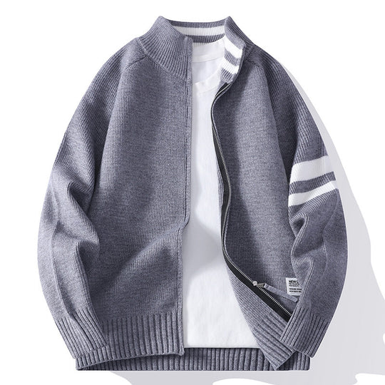 Herren nan gestrickte Zip-Cardigan im College-Stil mit gestreiftem Ärmelband und geripptem Stehkragen EB