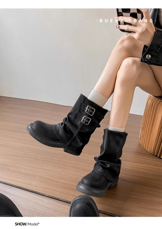 Damen modische Winterstiefel mit modischem Falten-Design und dekorativen Schnallen EB