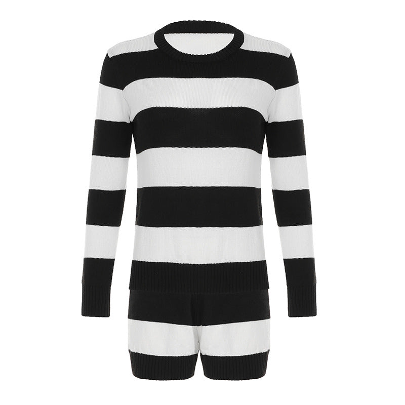 Damen nan gestreifter Rundhals-Pullover aus Feinstrick mit gerippten Bündchen und schmaler Passform EB