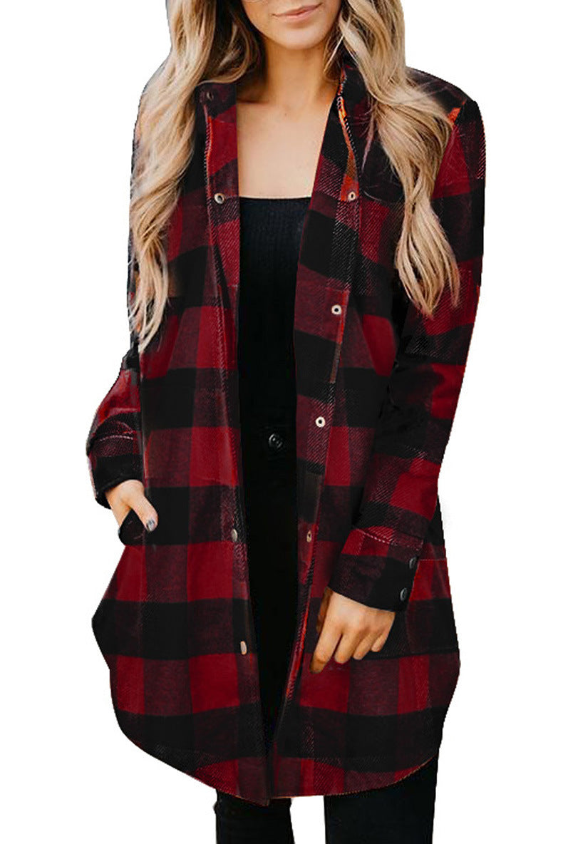Damen lässige Longbluse im Karo-Design mit Knopfleiste EB