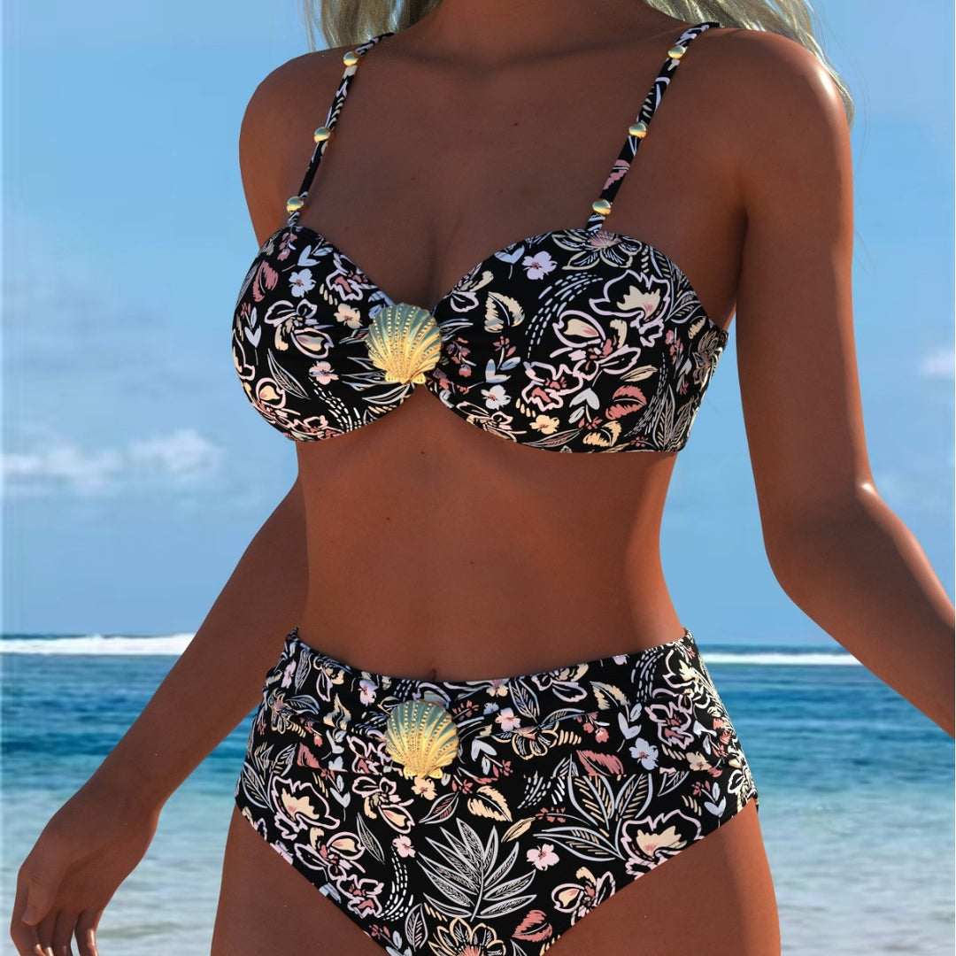 Damen Balconette-Bikini mit hohem Taillen-Schnitt und dekorativem Muschel-Detail EB