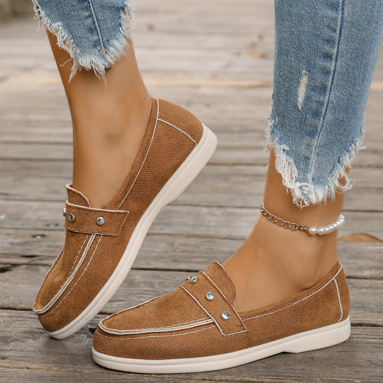 Damen Mokassin-Schuhe aus hochwertigem Denim mit dekorativen Metallakzenten EB