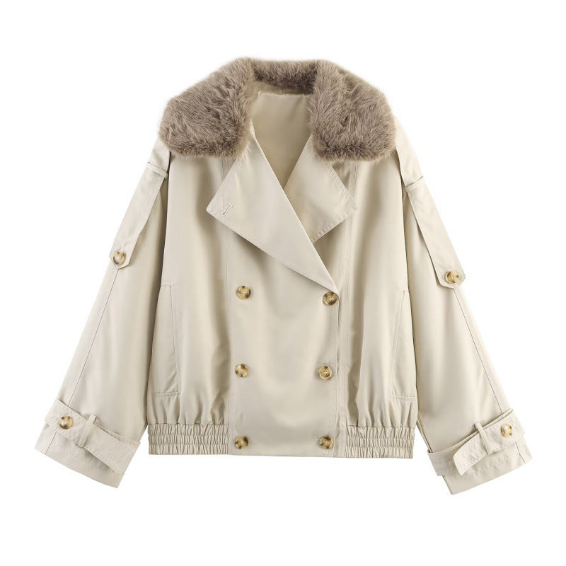 Damen modische Jacke mit kunstvollem Fellkragen und doppelter Knopfblende EB