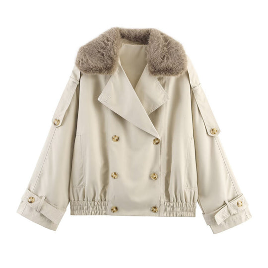 Damen modische Jacke mit kunstvollem Fellkragen und doppelter Knopfblende EB