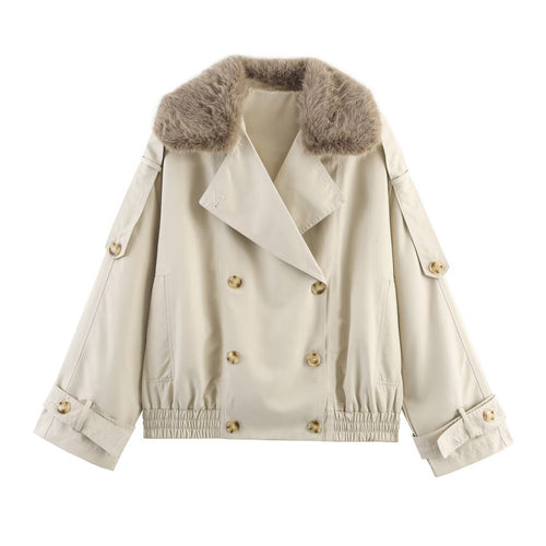 Damen modische Jacke mit kunstvollem Fellkragen und doppelter Knopfblende EB