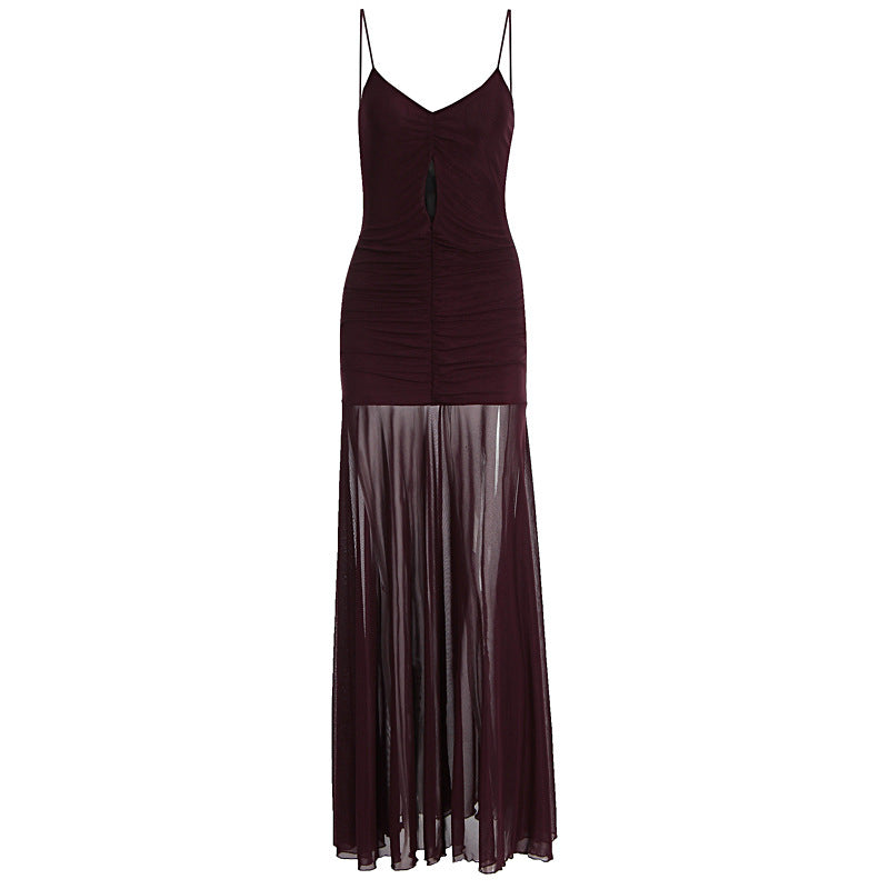 Damen Elegantes Langarm-Maxikleid mit transparentem Rock EB