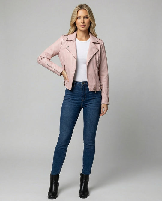 Damen taillierte Kunstleder-Bikerjacke mit asymmetrischem Reißverschluss und Reverskragen EB