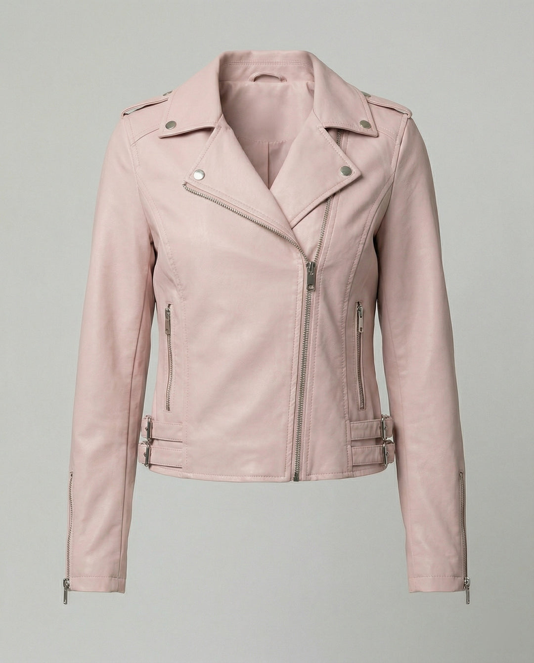 Damen taillierte Kunstleder-Bikerjacke mit asymmetrischem Reißverschluss und Reverskragen EB