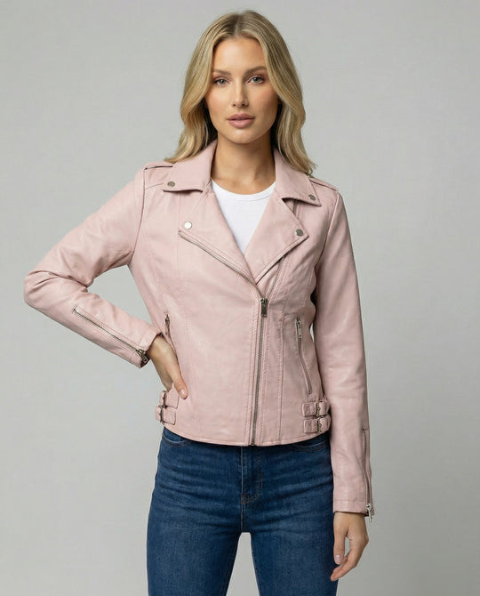 Damen taillierte Kunstleder-Bikerjacke mit asymmetrischem Reißverschluss und Reverskragen EB