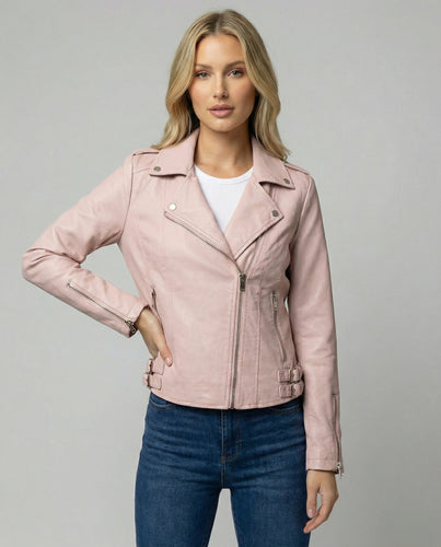 Damen taillierte Kunstleder-Bikerjacke mit asymmetrischem Reißverschluss und Reverskragen EB