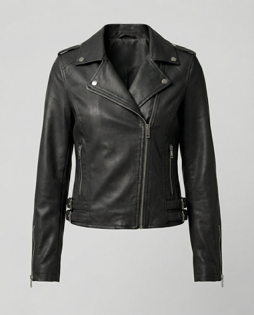 Damen taillierte Kunstleder-Bikerjacke mit asymmetrischem Reißverschluss und Reverskragen EB