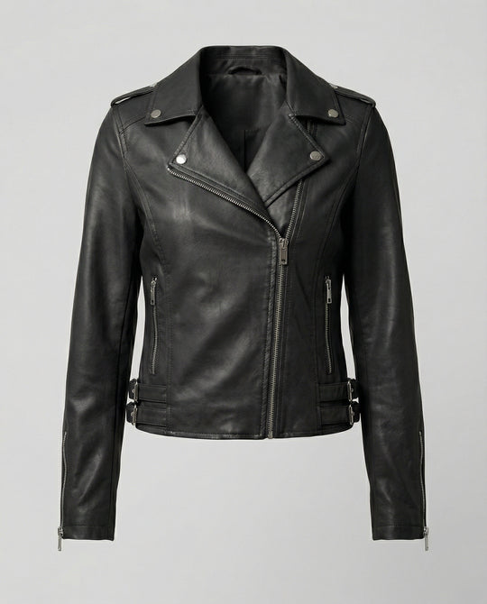 Damen taillierte Kunstleder-Bikerjacke mit asymmetrischem Reißverschluss und Reverskragen EB