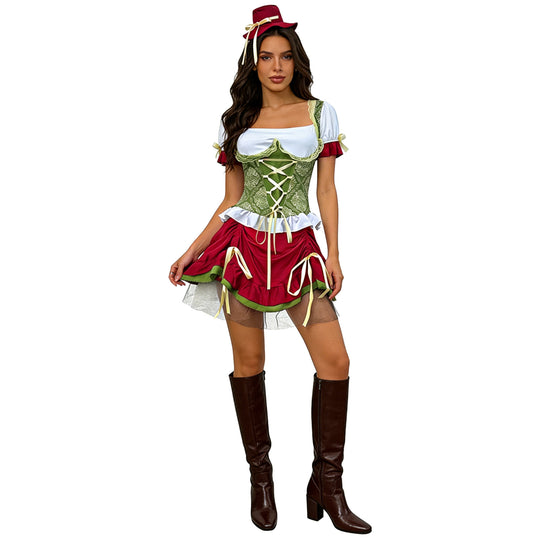 Damen nan kurzes Dirndl Trachtenkleid mit Schnürcorsage, Spitzenkragen und gerafftem Rock EB