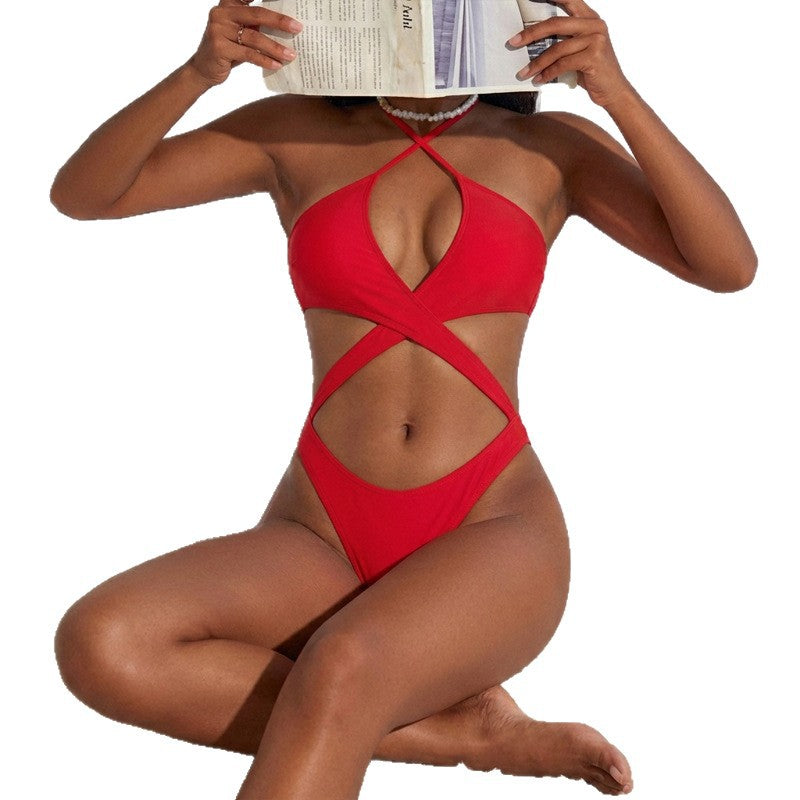Damen Cut-Out Badeanzug mit überkreuzten Trägern und tiefem V-Ausschnitt EB