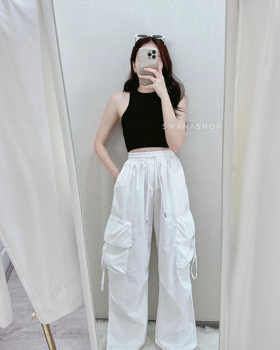 Damen nan ultraleichte Freizeit-Hose mit hohem Elastikbund, Kordelzug und verstellbarem Beinabschluss EB