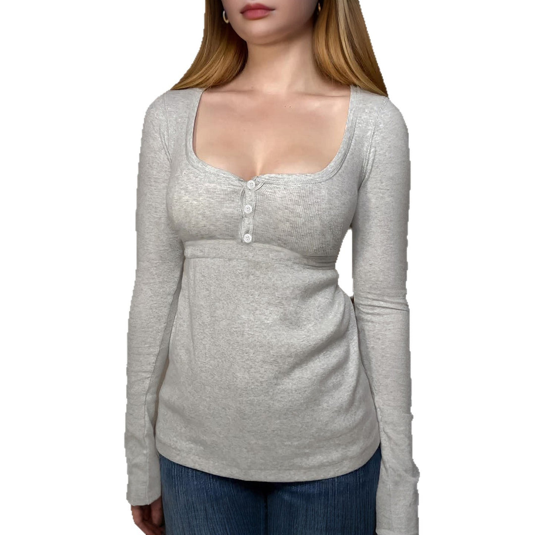 Damen nan tailliertes Still-Longsleeve mit Knopfleiste, Unterbrustnaht und elastischem Jersey EB