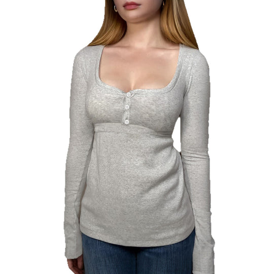 Damen nan tailliertes Still-Longsleeve mit Knopfleiste, Unterbrustnaht und elastischem Jersey EB