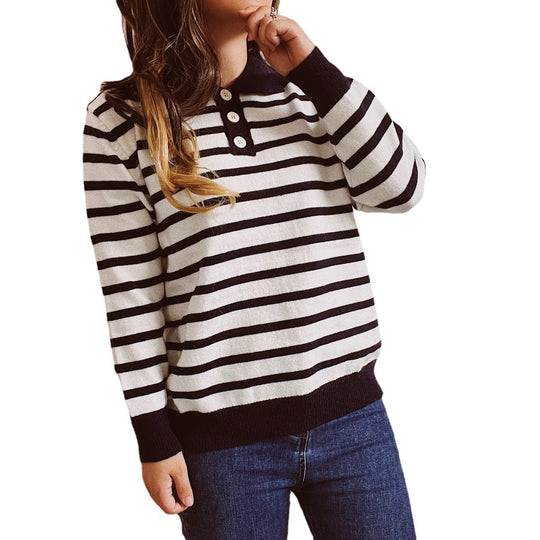 Damen legerer Streifenpullover mit Knopfleiste und weitem Schnitt EB