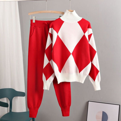 Damen stylisches Freizeitstrickset mit hohem Kragen EB