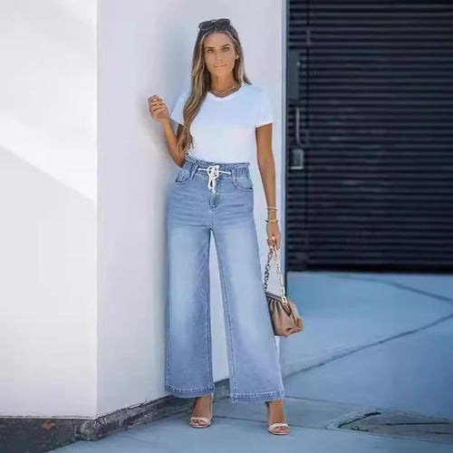 Damen nan hochgeschnittene Weitbein-Jeans mit Kordelbund und lässiger Culotte-Silhouette EB