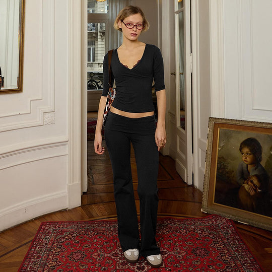 Damen lässiges Set aus elegantem Oberteil und fließenden Schlaghosen EB