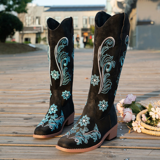 Damen Cowboy-Stiefel mit handgefertigten floralen Details und bequemem Blockabsatz EB