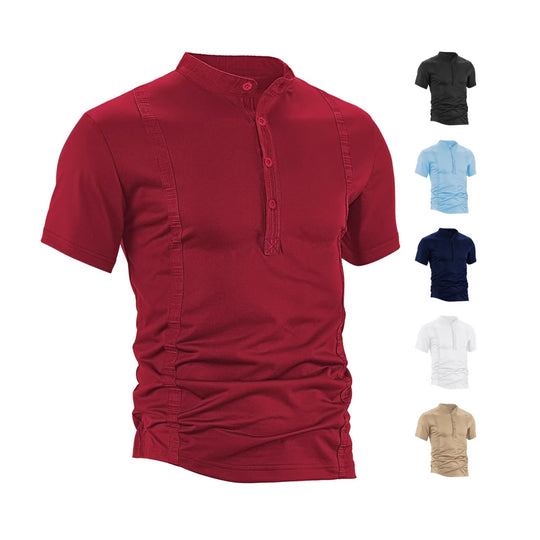 Herren nan Kurzarm-Stehkragenshirt mit verdeckter Knopfleiste, Zierpaspeln und figurbetonter Silhouette EB