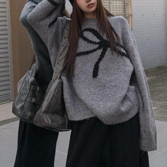 Damen Strickpullover mit modischem Schleifenmuster EB