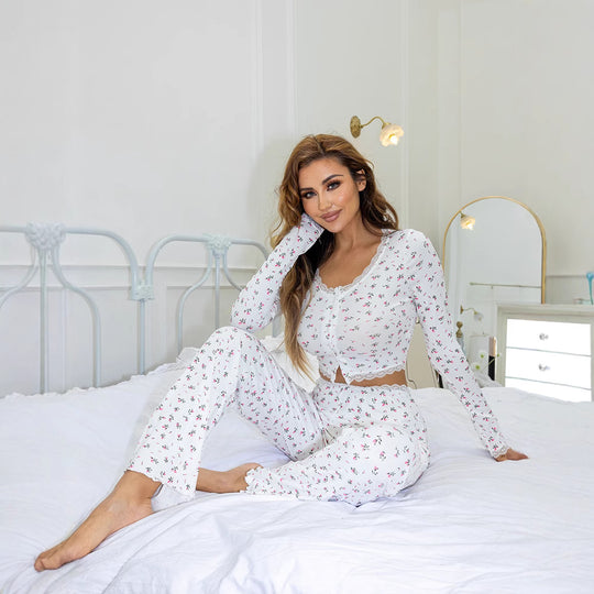 Damen Schlafanzug-Set mit floralem Design und elastischem Bund EB