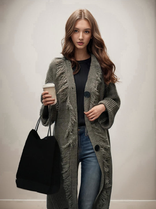 Damen lässiger Strickmantel mit fransigen Abschlüssen und großzügigen Taschen EB